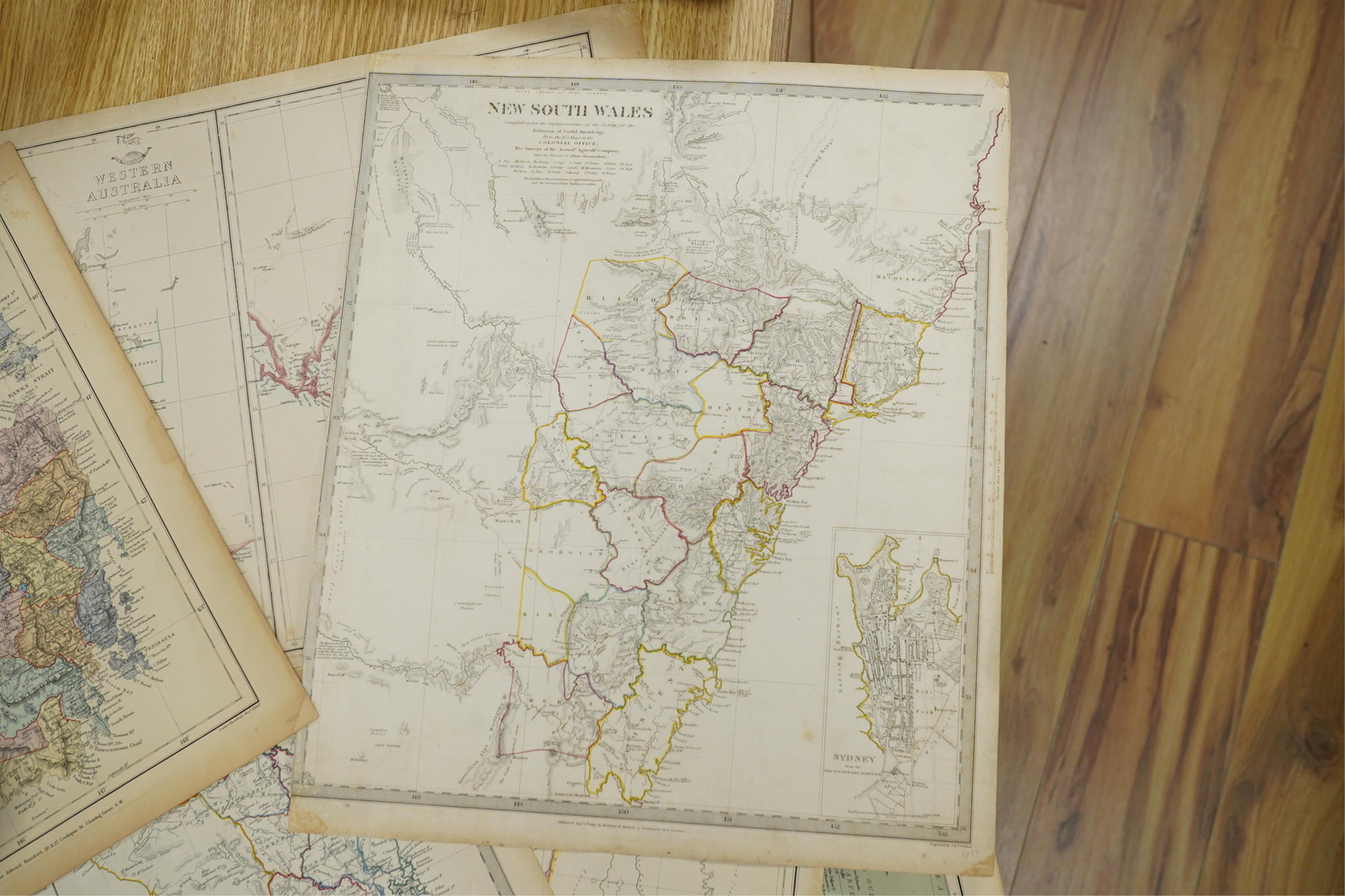 A collection of 19th century engraved maps to include Western Australia, Tasmania and New South Wales, unframed, largest 42 x 35cm. Condition - some foxing and discolouration